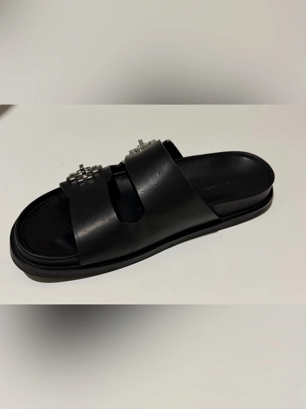 Tory Burch TURNLOCK SPORT SLIDE Black Leather Sz 9 Silver Logo Hardware